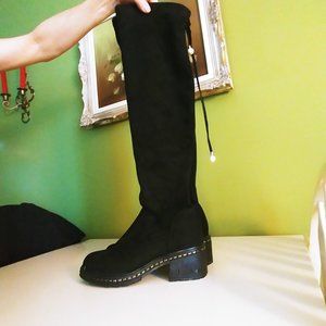 Sz 7 Black Over the knee Boot With Pearl Embellishment